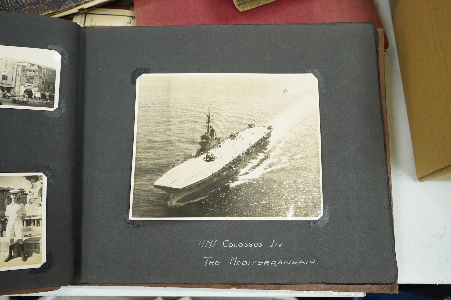 Four early 20th century photograph albums of military, naval and aviation interest, including; naval officers, sailors, ships and harbours, personal photographs, HMS Colossus, Cape Town in January 1946, RAF aircraft incl